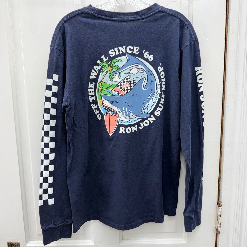 Vans Ron Jon Surf Shop Mens Medium Classic Fit Long Sleeve Navy Shark Shirt